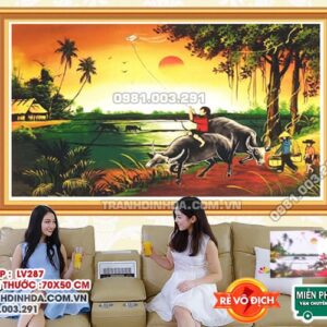 Tranh đính đá cao cấp làng quê Việt - Tiểu mục đồng Lv287 kích thước  70cm x 50cm