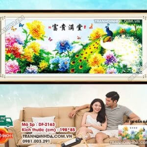 Tranh đính đá Hoa Khai Phú Quý DF2163 kích thước 198cm x 85cm