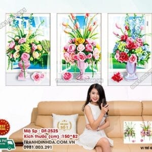 Tranh đính đá Bình Hoa Nghệ Thuật bộ 3 bức DF2525 kích thước 150cm x 82cm