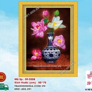 Tranh đính đá Bình Hoa Sen DF2558 kích thước 55cm x 75cm