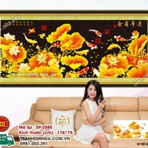 Tranh đính đá Cửu Ngư Quần Hội DF2580 kích thước 176cm x 75cm