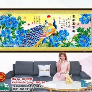 Tranh đính đá Chim Công Hoa Mẫu Đơn DF2595 kích thước 200cm x 80cm