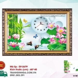 Tranh đính đá Đồng Hồ Hoa Sen DF2679 kích thước 60cm x 40cm