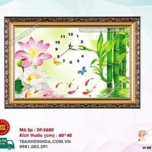 Tranh đính đá Đồng Hồ Hoa Sen Cá Chép DF2680 kích thước 60cm x 40cm