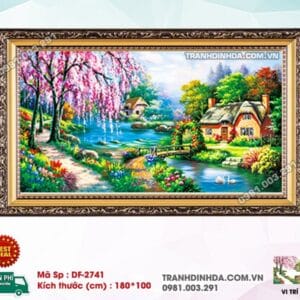 Tranh đính đá Ngôi nhà ven sông DF2741 kích thước 180cm x 100cm