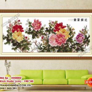 Tranh thêu chữ thập hoa mẫu đơn tám bông HH0002 kích thước 190cm x 80cm
