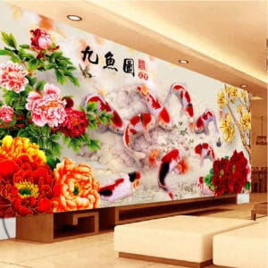 Tranh thêu chữ thập cửu ngư quần hội HH0770 kích thước 150cm x 65cm