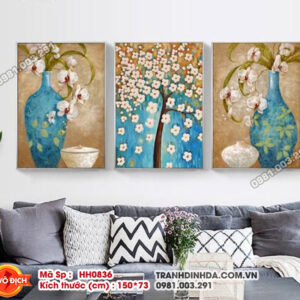 Tranh thêu chữ thập Bình Hoa Nghệ Thuật 3 bức HH0836 kích thước 150cm x 73cm