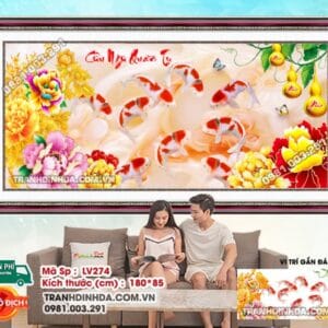 Tranh đính đá Cửu Ngư Quần Tụ LV274 kích thước 180cm x 85cm
