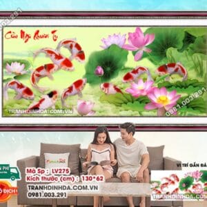 Tranh đính đá Cửu Ngư Quần Tụ LV275 kích thước 130cm x 62cm