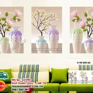 Tranh đính đá Bình Hoa Nghệ Thuật 3 bức LV292 kích thước 148cm x 70cm