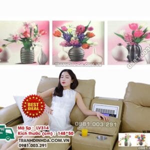 Tranh đính đá Bộ 3 Bình Hoa Nghệ Thuật LV314 kích thước 148cm x 50cm