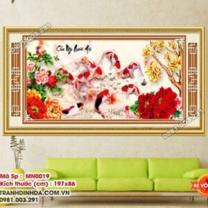 Tranh thêu chữ thập cửu ngư quần hội MN0019 kích thước 197cm x 86cm