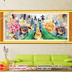 Tranh thêu chữ thập Chim Công Hoa Mẫu Đơn ZGF0747 Kích thước 179x70cm