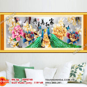 Tranh thêu chữ thập Chim Công Hoa Mẫu Đơn ZGF0748 Kích thước 119x49cm