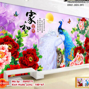Tranh thêu chữ thập Vợ Chồng chim công hoa mẫu đơn ZGF0771 Kích thước 150x67cm