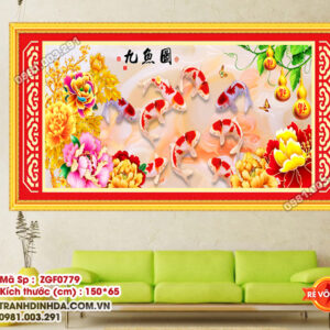 Tranh thêu chữ thập Cửu Ngư Quần Hội ZGF0779 Kích thước 150x65cm