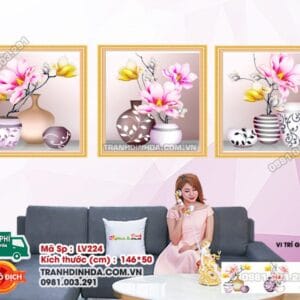 Tranh đính đá Bộ 3 Bình Hoa Nghệ Thuật LV224 kích thước 146cm x 50cm