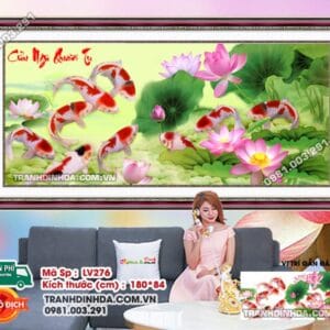 Tranh đính đá Cửu Ngư Quần Tụ LV276 kích thước 180cm x 84cm