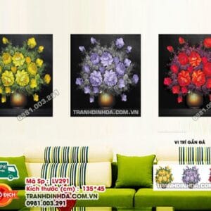 Tranh đính đá Bình Hoa Nghệ Thuật 3 bức LV291 kích thước 135cm x 45cm