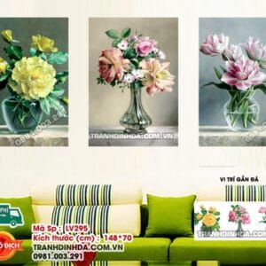 Tranh đính đá Bình Hoa Nghệ Thuật 3 bức LV295 kích thước 148cm x 70cm