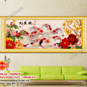Tranh thêu chữ thập Cửu Ngư Quần Hội thêu kín DW0570 Kích thước 149cm x 65cm