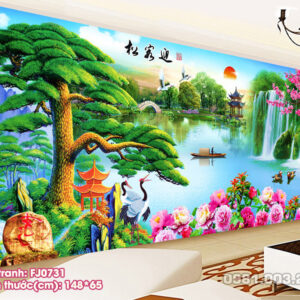 Tranh thêu chữ thập Tùng Nghênh Khách (thêu kín) FJ0731 kích thước 148cm x 65cm