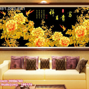 Tranh thêu chữ thập Hoa Khai Phú Quý thêu kín HH0678D kích thước 195cm x 78cm