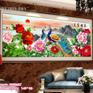 Tranh thêu chữ thập Hoa Khai Phú Quý thêu kín HH0687 kích thước 149cm x 58cm