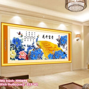 Tranh thêu chữ thập Hoa Khai Phú Quý thêu kín HH0698 kích thước 213cm x 82cm