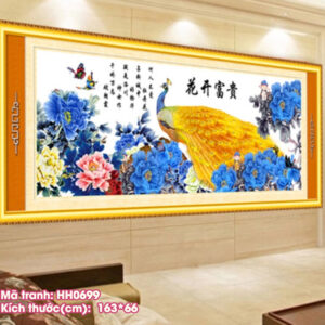 Tranh thêu chữ thập Hoa Khai Phú Quý thêu kín HH0699 kích thước 163cm x 66cm