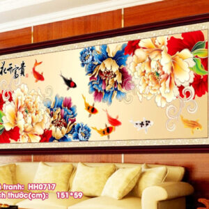 Tranh thêu chữ thập Cá Chép Hoa Mẫu Đơn thêu kín HH0717 kích thước 151cm x 59cm