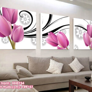 Tranh thêu chữ thập Hoa TuLip 3 bức thêu kín HH0734 kích thước 149cm x 57cm
