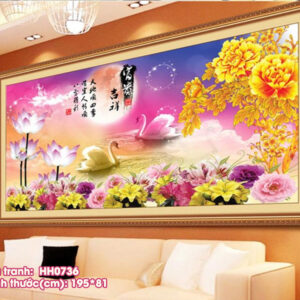 Tranh thêu chữ thập Uyên Ương Sánh Đôi thêu kín HH0736 kích thước 195cm x 81cm