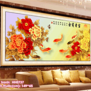 Tranh thêu chữ thập Cửu Ngư Quần Hội thêu kín HH0737 kích thước 149cm x 65cm
