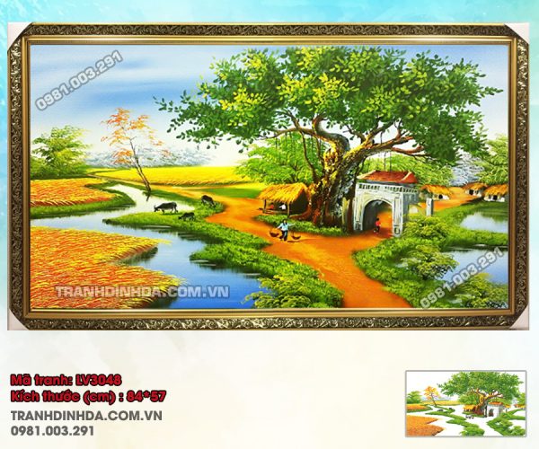 Tranh thêu chữ thập Phong Cảnh Làng Quê Việt Nam LV3049 Kích thước 84x57cm  - Tranh Đính Đá, Tranh Đá Rẻ Đẹp