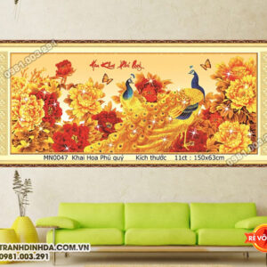 Tranh thêu chữ thập Hoa Khai Phú Quý thêu kín MN0047 kích thước 150cm x 63cm