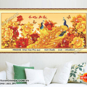 Tranh thêu chữ thập Hoa Khai Phú Quý thêu kín MN0048 kích thước 195cm x 80cm