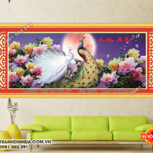 Tranh thêu chữ thập Hoa Khai Phú Quý thêu kín MN0050 kích thước 195cm x 82cm