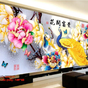 Tranh thêu chữ thập Hoa Khai Phú Quý thêu kín HH0745 kích thước 149cm x 62cm