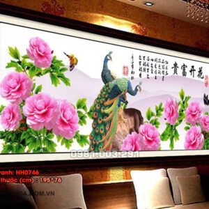 Tranh thêu chữ thập Hoa Khai Phú Quý thêu kín HH0746 kích thước 195cm x 76cm