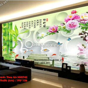 Tranh thêu chữ thập Hoa Mẫu Đơn Cá Chép HH0742 Kích thước 195cm x 126cm