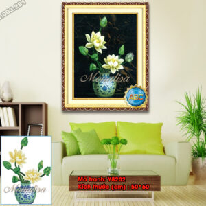 Tranh đính đá Bình Hoa Sen Trắng Y8202 kích thước 50cm x 60cm