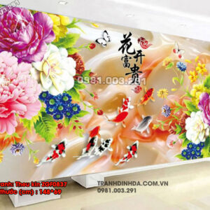 Tranh thêu chữ thập Hoa Mẫu Đơn Cá Chép ZGF0837 Kích thước 148cm x 69cm