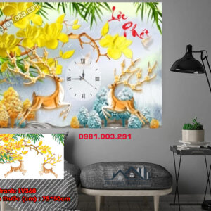 Tranh đính đá Lộc Phát đồng hồ LV360 kích thước 75cm x 50cm