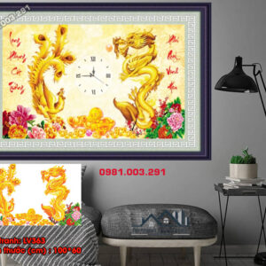 Tranh đính đá Long Phụng Cát Tường đồng hồ LV363 kích thước 100cm x 60cm