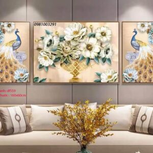 Tranh đính đá Chim Công Bên Hoa 3 bức DF659 kích thước 160cm x 60cm