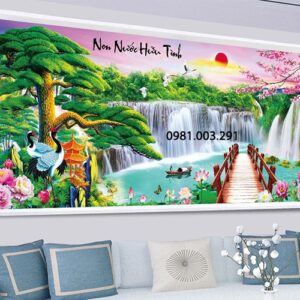 Tranh thêu kín non nước hữu tình MN0108 kích thước 200cm x 95cm
