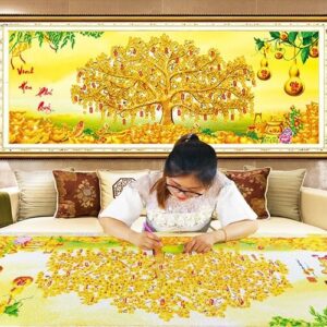 Tranh đính đá cây tiền vàng tài lộc vinh hoa phú quý kích thước 132cm x 54cm df817