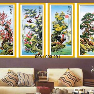 Tranh thêu Tứ Quý Tùng Cúc trúc mai MN0120 Kích thước 146cmx100cm